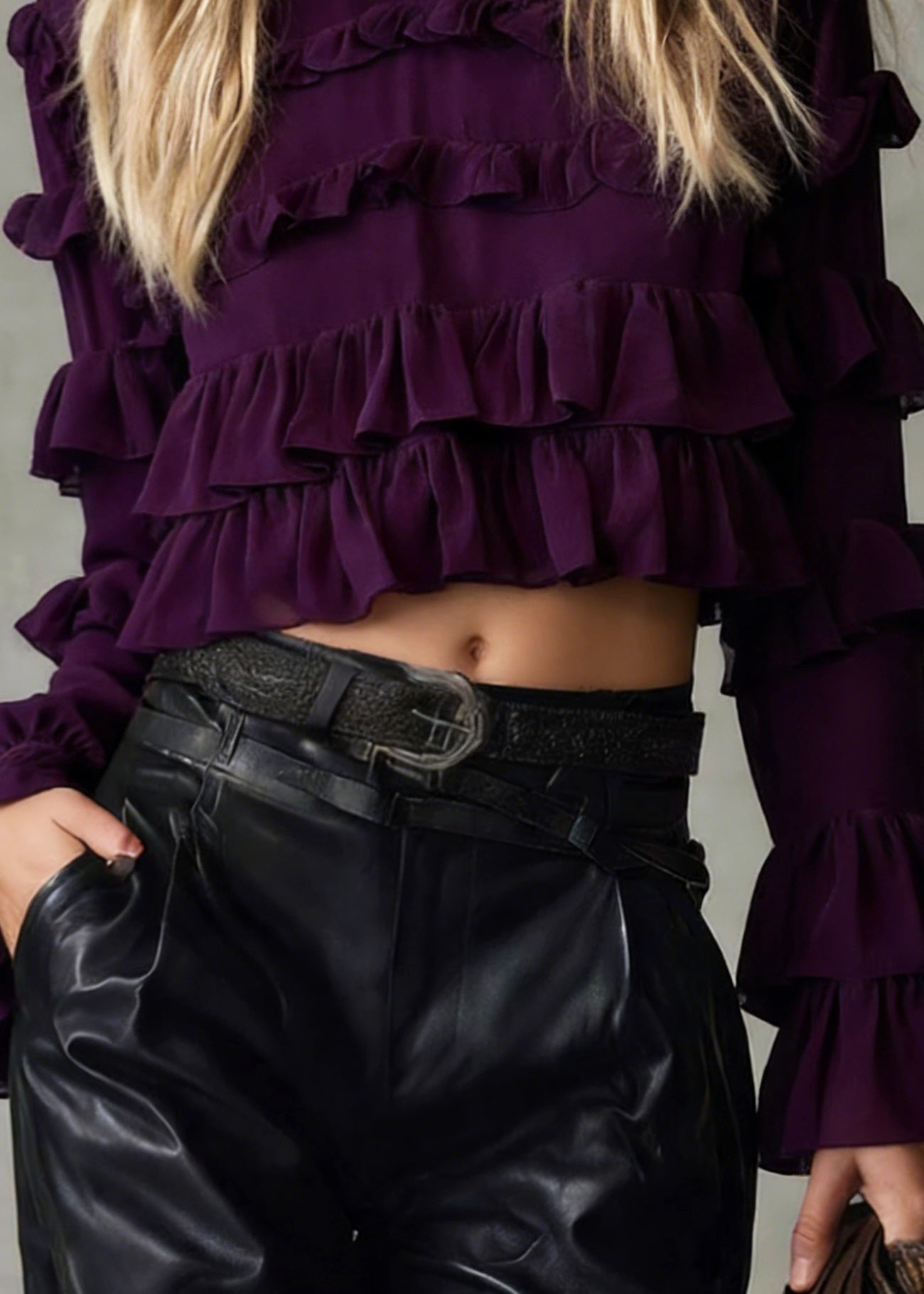 Purple Ruffled Patchwork Chiffon Blouse Tops Spring