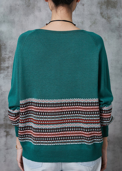 Handmade Green O-neck Striped Knit Sweaters Spring