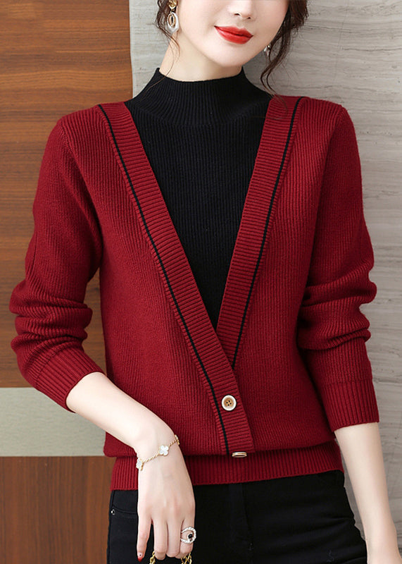 Khaki Half Hign Neck False Two Pieces Knit Sweater Tops Fall