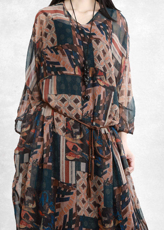 Khaki Blue V Neck Print Pockets Tie Waist Chiffon Dress Three Quarter Sleeve