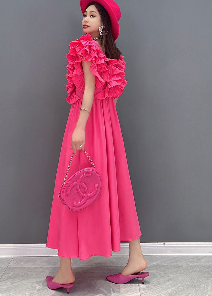 Red V Neck Ruffles Cotton Long Dresses Vestidos Sleeveless