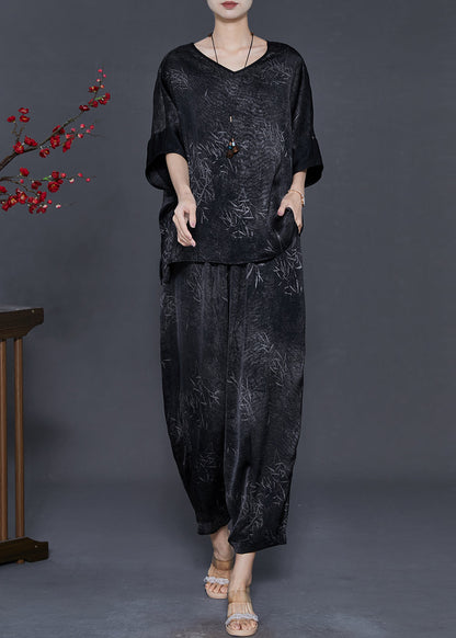 Black Print Silk Two Piece Set Clothing Oversized Summer