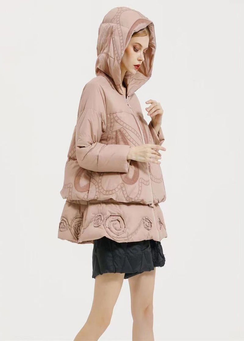 Pink Hooded Embroidery Patchwork Duck Down Coat Winter