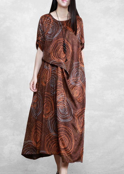 Chocolate Print Quilting Clothes O Neck Asymmetric Spring Dresses