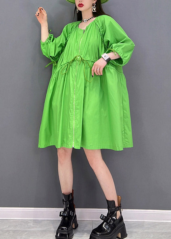 Loose Green O-neck Ruffled Drawstring Zippered Trench Coats Three Quarter Sleeve