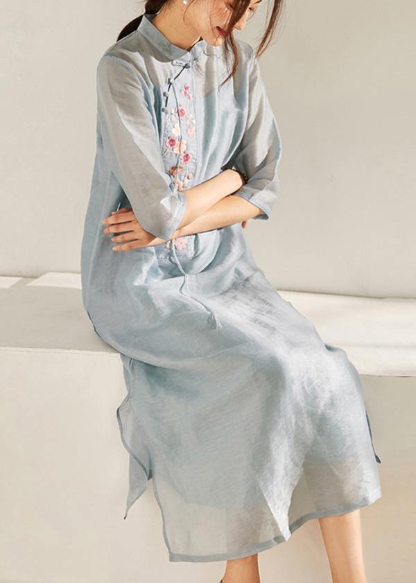 Blue Side Open Embroideried Summer Linen Vacation Dresses Half Sleeve