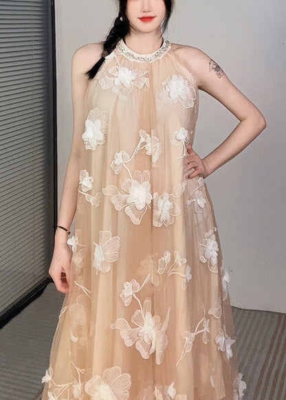 Apricot O-neck Cold Shoulder Tulle Dress Sleeveless