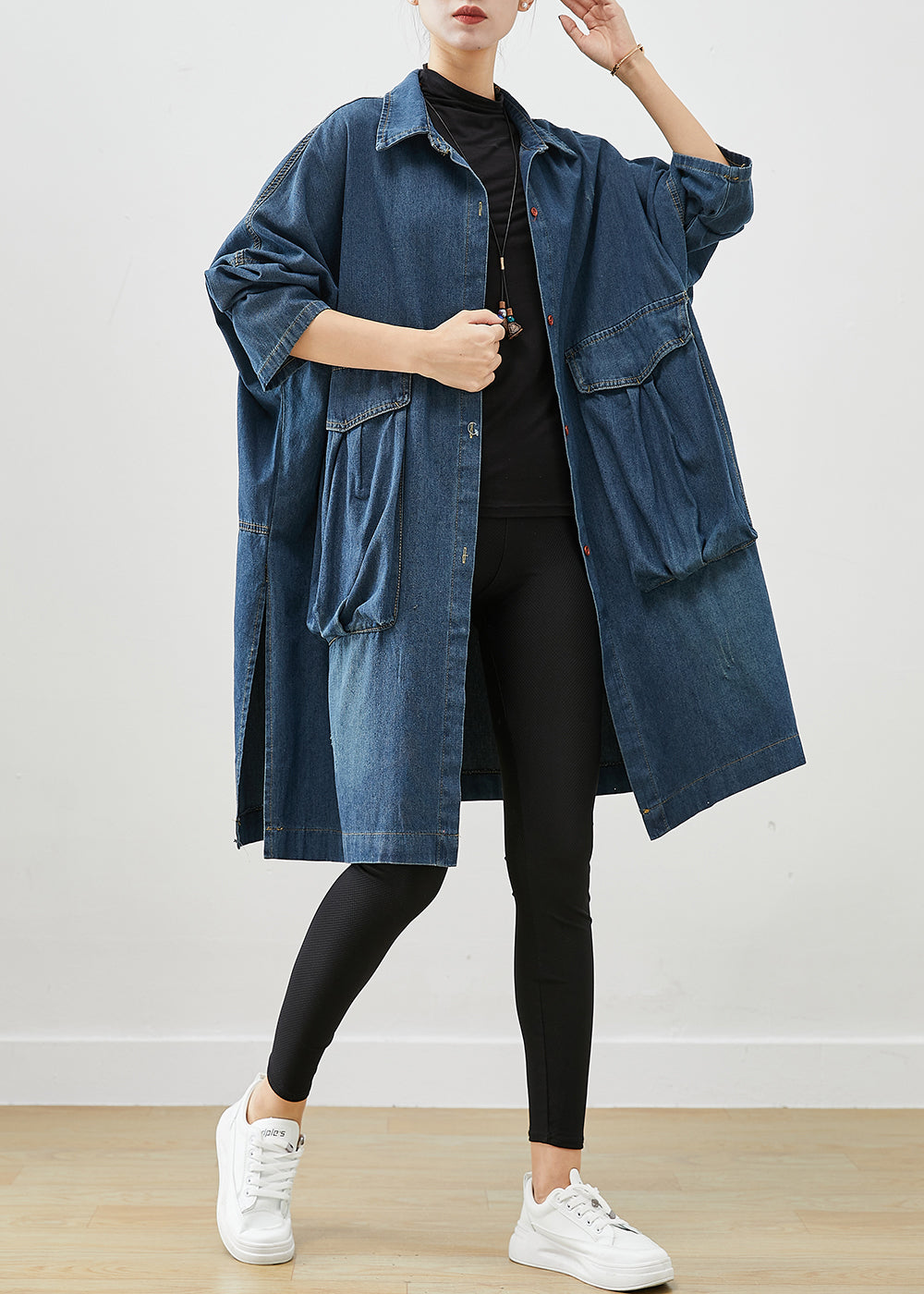 Navy Oversized Big Pockets Denim Trench Fall