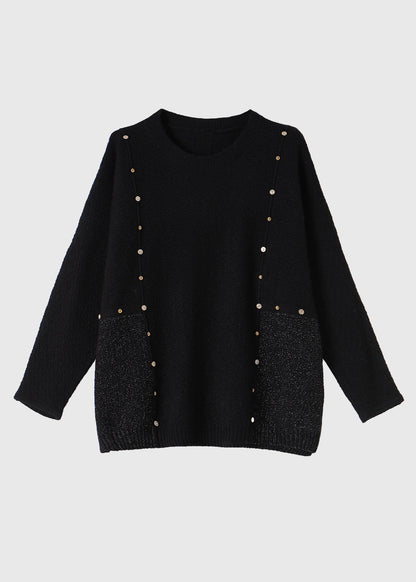French Black O-neck Patchwork Cozy Cotton Knit Sweater Winter