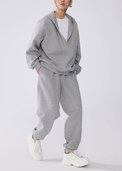 Grey Hooded Cotton Pullover Sweatshirt Two Pieces Set Fall