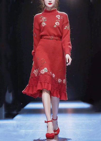 Vogue Red Turtleneck Sashes Cotton Knit Long Sweater Dress Winter