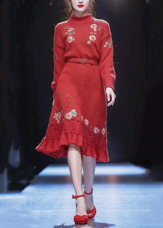 Vogue Red Turtleneck Sashes Cotton Knit Long Sweater Dress Winter
