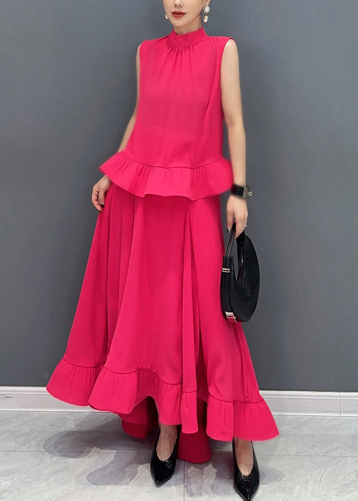 Organic Green O-neck Ruffled Top and Maxi Skirts Two Piece Set Sleeveless