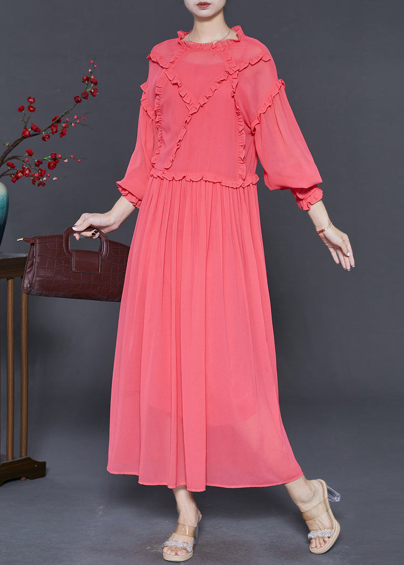 Brick Red Ruffled Chiffon Ankle Dress Spring