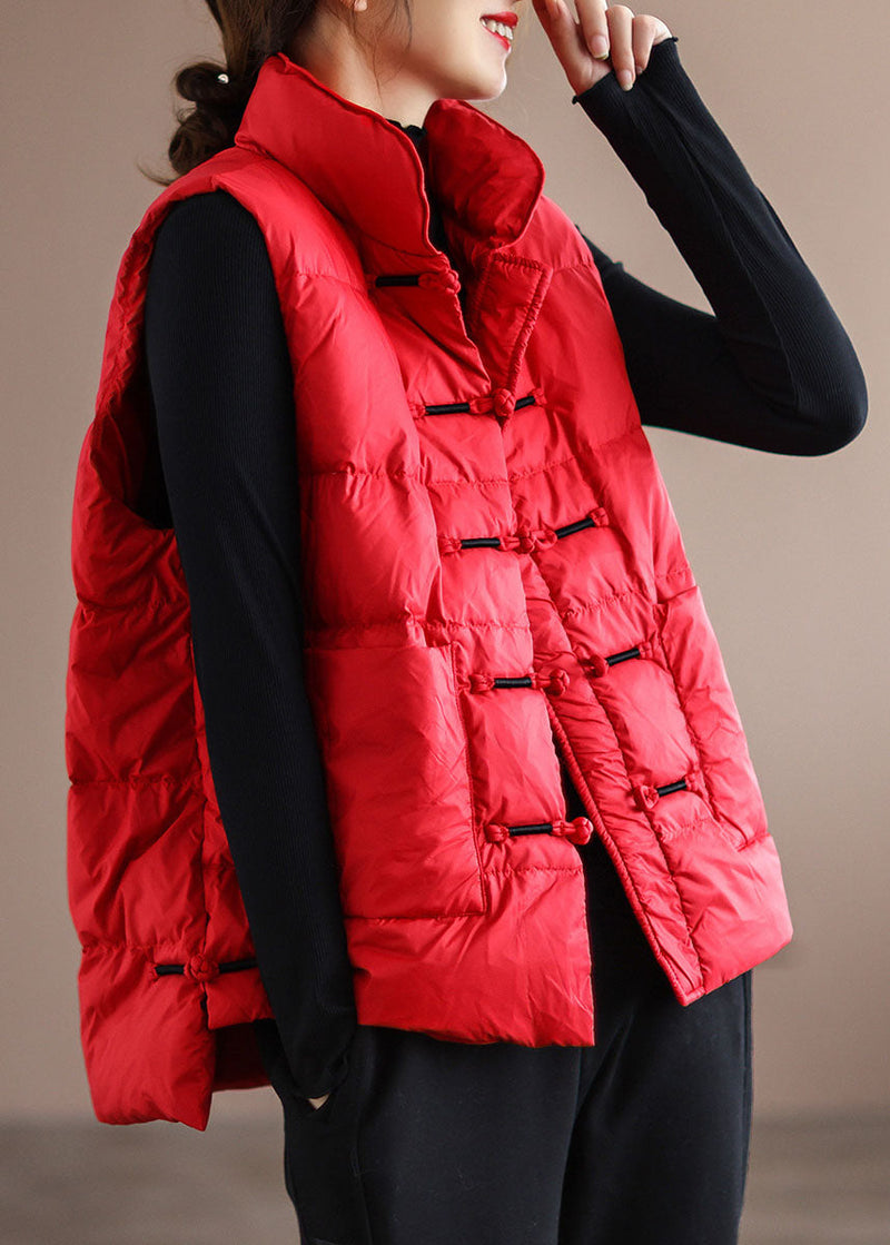 Diy Red Stand Collar Pockets Oriental Winter Puffer Vest