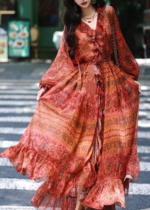 Red V Neck Ruffled Print Silk Robe Dresses Spring