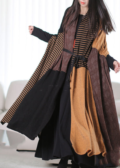 Yellow Asymmetrical Design Patchwork Maxi Trench Coats Winter