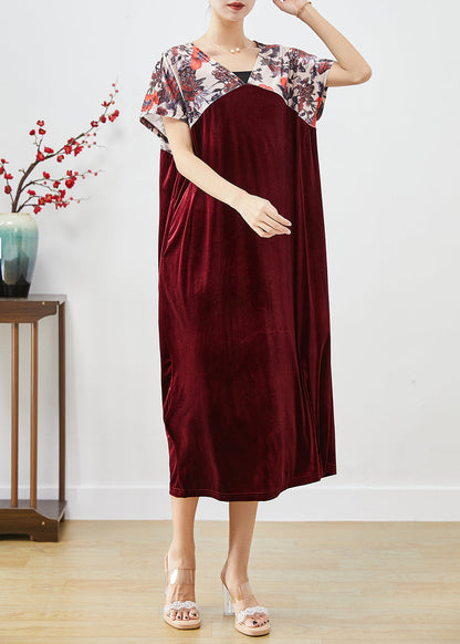 Mulberry V Neck Patchwork Silk Velour Party Dress Short Sleeve