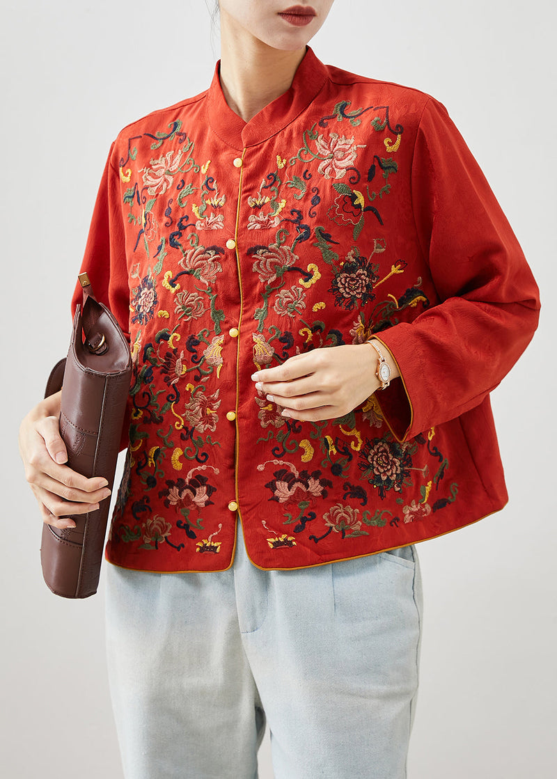 Red Mandarin Collar Embroideried Silk Shirt Top Fall
