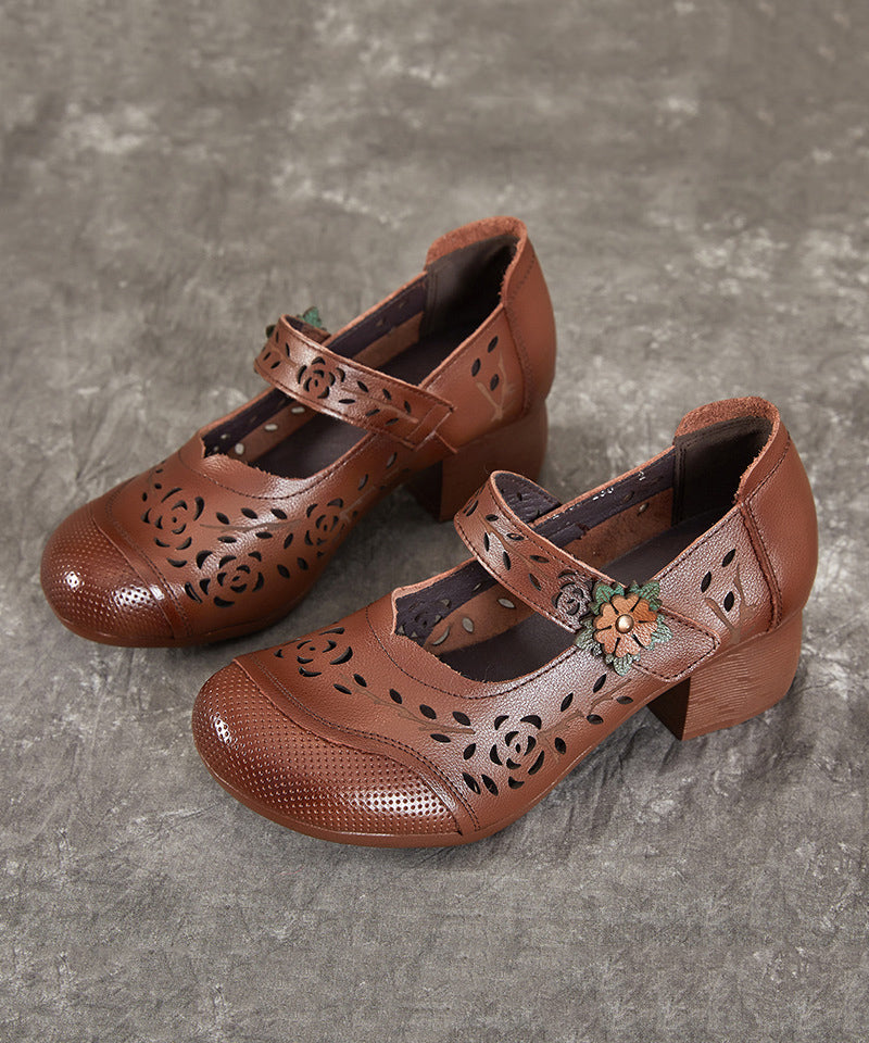 Chocolate Chunky Heel Cowhide Leather Hollow Out Splicing Buckle Strap