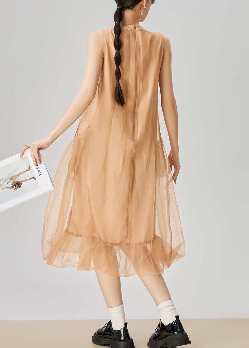 Orange O Neck Zippered Pockets Tulle Long Dress Sleeveless
