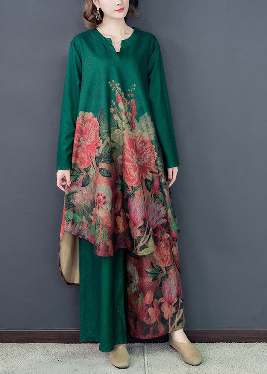 Green Silk Dress and Wide Leg Pants Two Pieces Set Low High Design Spring