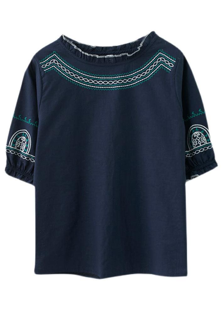 Navy Original Design Ruffled Embroideried Cotton Top Lantern Sleeve