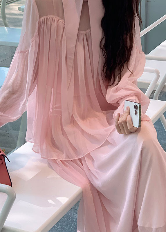 Pink Patchwork Wrinkled Tulle Shirt and Maxi Skirts Two Piece Set Spring