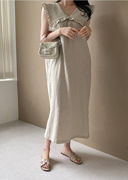 Beige Oversized Ruffled Side Open Linen Maxi Dress Sleeveless