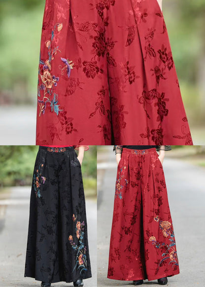 Red Pockets Jacquard Silk Pants Elastic Waist Fall
