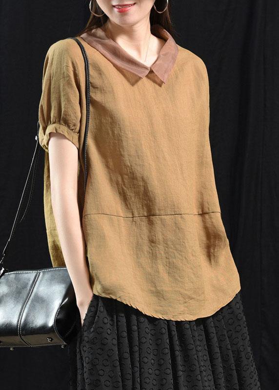 Orange Patchwork Turn-down Collar Summer Short Sleeve Top