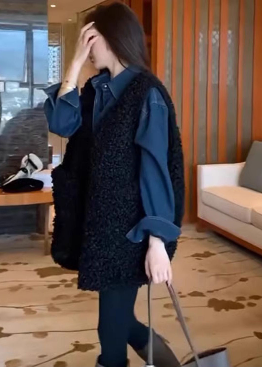 Black Oversized Faux Fur Vests and Denim Shirts Two Pieces Set Winter