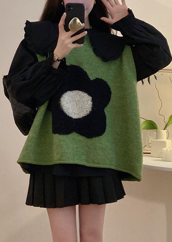 Green Cotton Knit Waistcoat Black Shirts and Pleated Skirt Three Pieces Set Long Sleeve