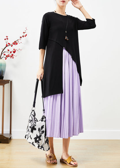 Style Asymmetrical Side Open Cotton Tops and Pleated Skirts Two Pieces Set Half Sleeve
