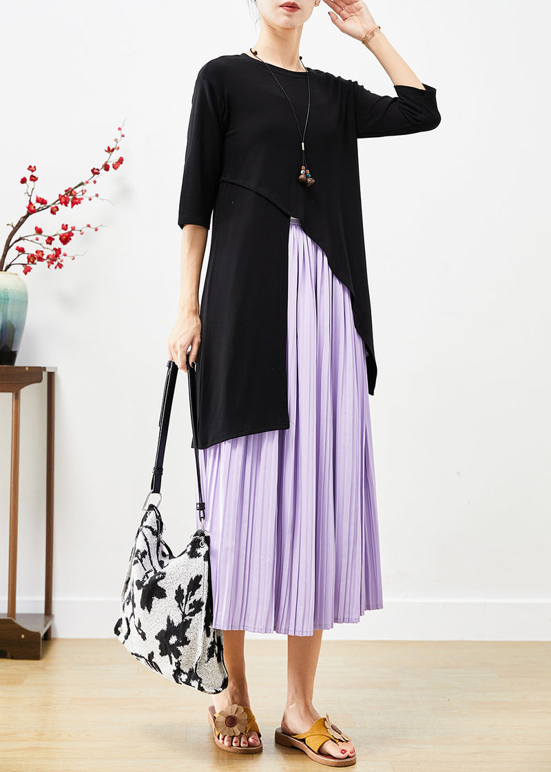 Style Asymmetrical Side Open Cotton Tops and Pleated Skirts Two Pieces Set Half Sleeve