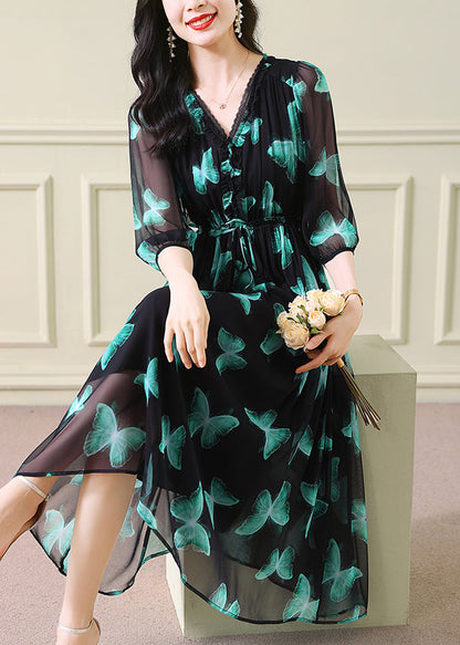 Green V Neck Print Drawstring Silk Dresses Summer