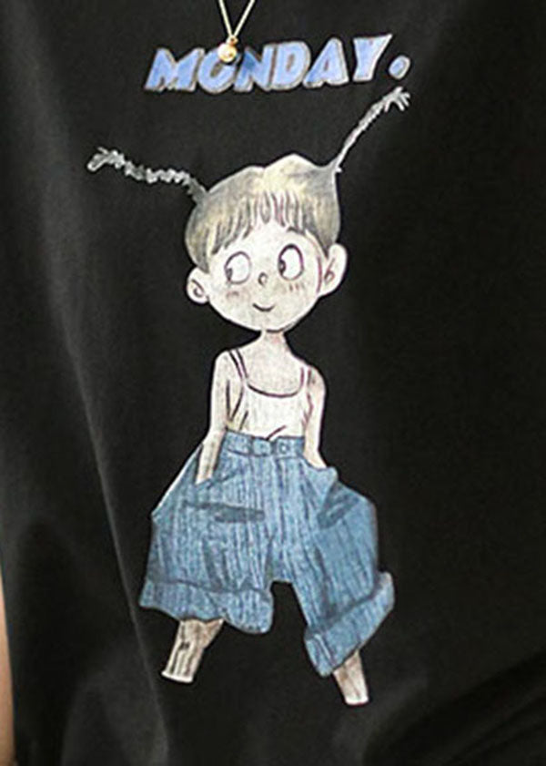 Black O-neck Print Oversized Cotton Tanks Short Sleeve