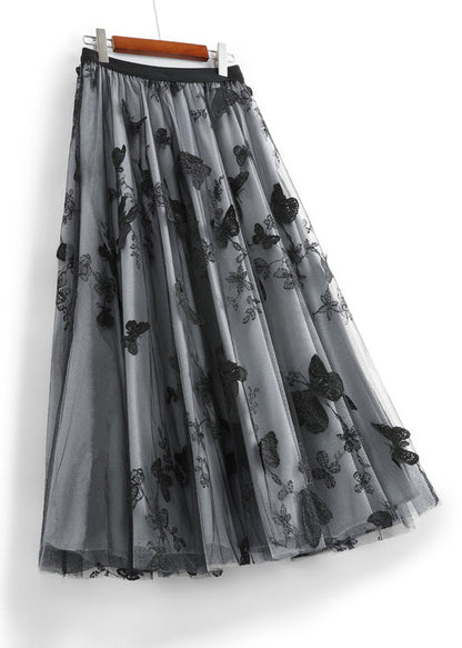 Apricot Butterfly Embroideried Elastic Waist Tulle a Line Skirts Spring