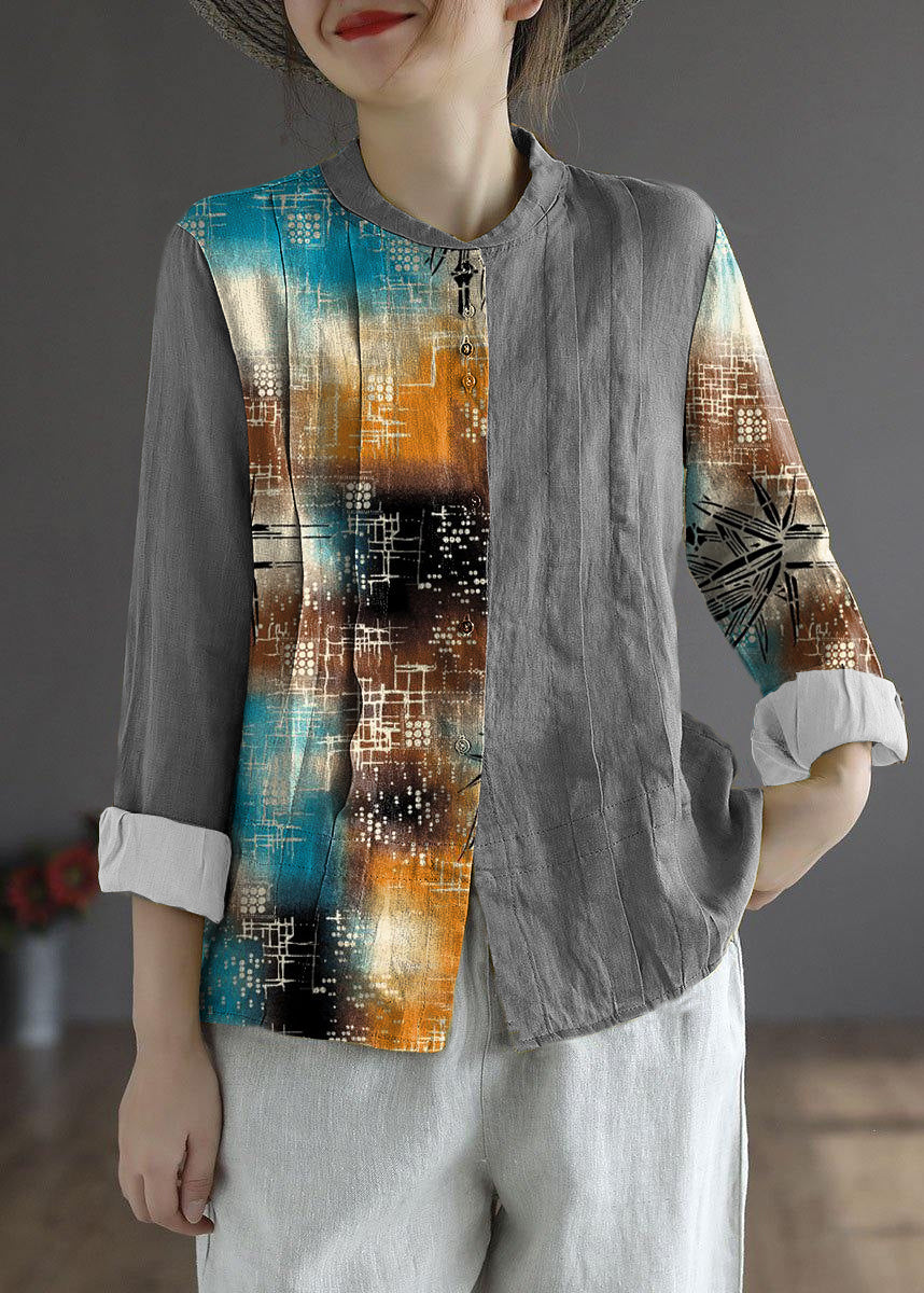 Blue Flower Button Fall Top Long Sleeve Linen