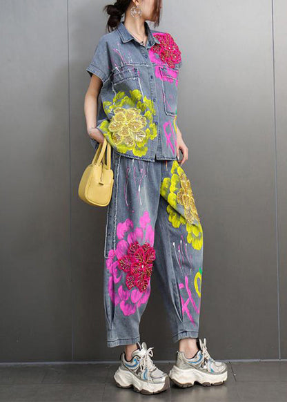 Unique Peter Pan Collar Denim Shirts and Crop Pants Two-piece Set Short Sleeve