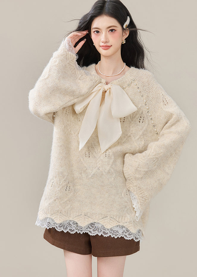 Beige Bow Nail Bead Patchwork Lace Knit Tops Winter