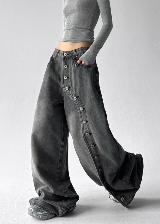 Grey Pockets Rivet Patchwork Denim Wide Leg Pants Fall