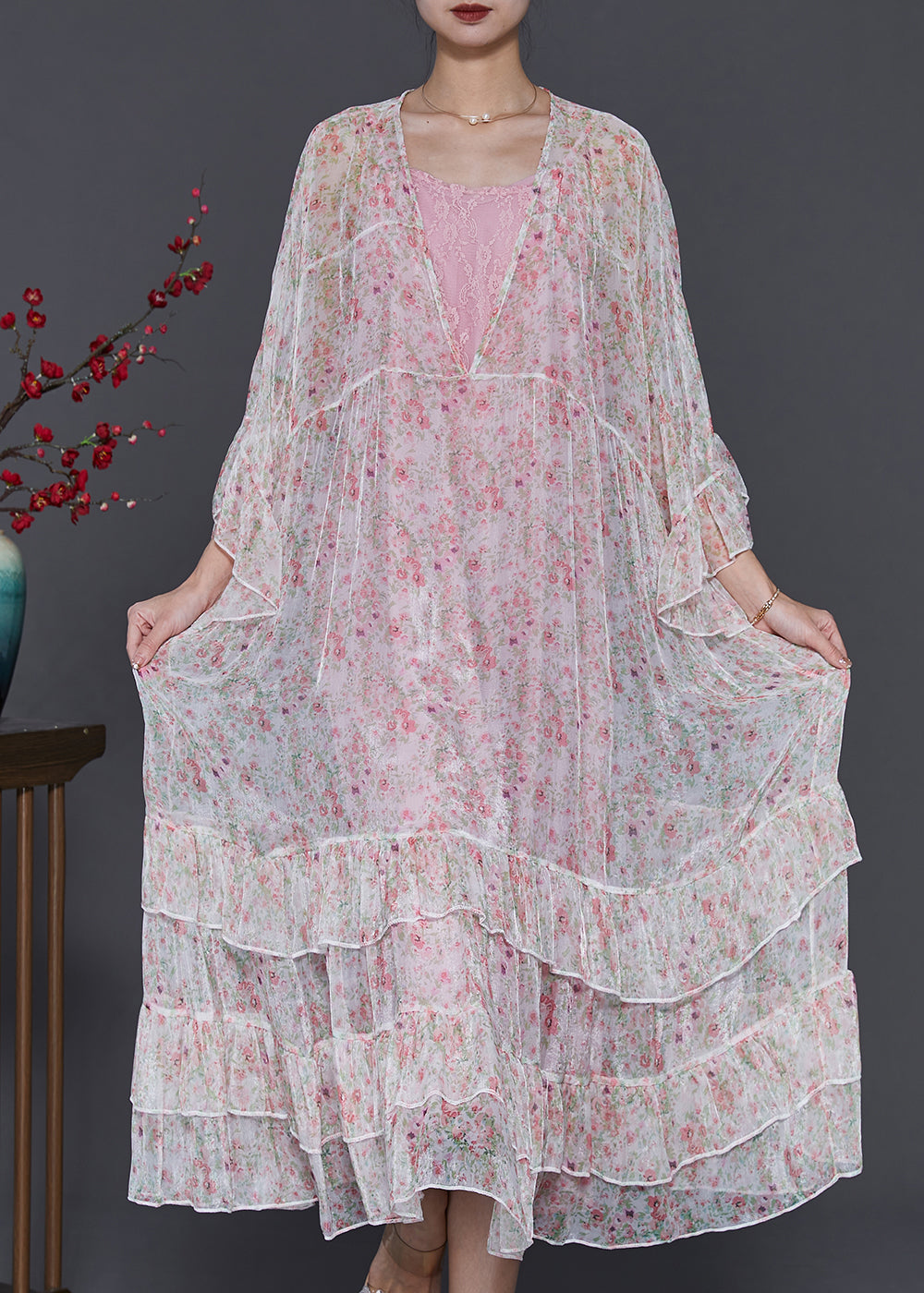 White Oversized Patchwork Chiffon Beach Dress Flare Sleeve