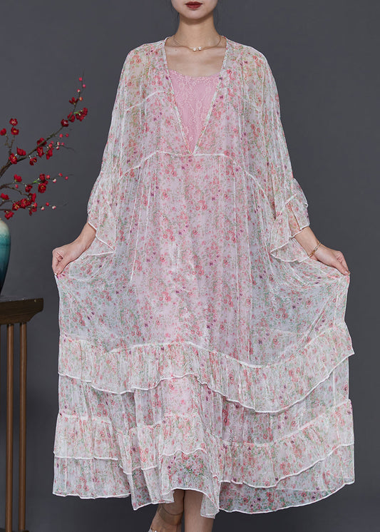 White Oversized Patchwork Chiffon Beach Dress Flare Sleeve