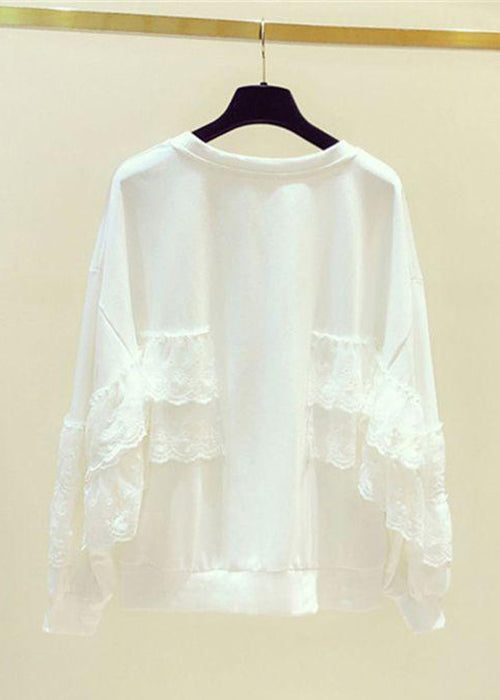 White Lace Patchwork Sweatshirts O Neck Spring