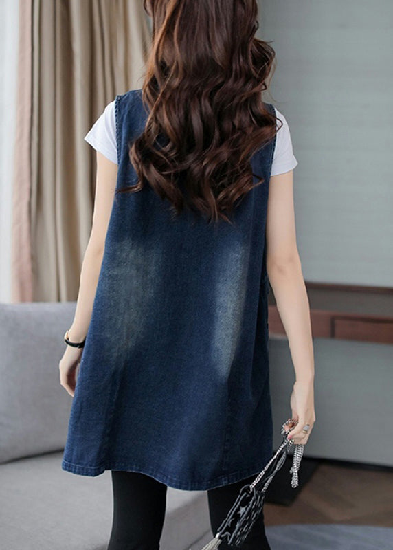 Blue Notched Patchwork Button Denim Waistcoat Fall