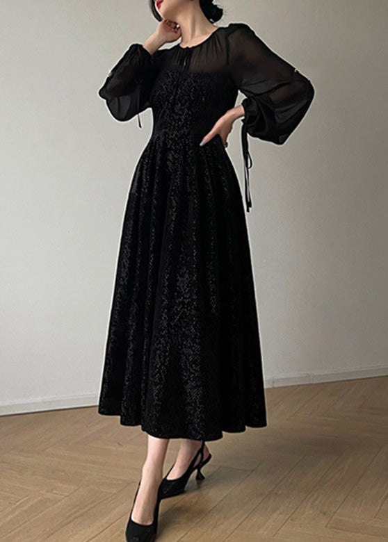 Black O-neck Tulle Drawstring Patchwork Velour Long Dresses Long Sleeve