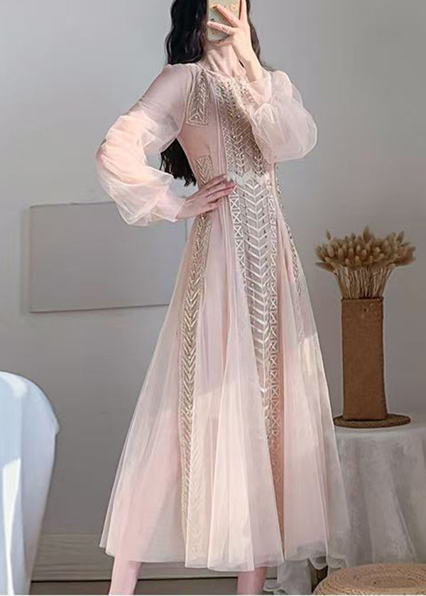 New Pink Mesh Tulle Nail Bead Bubble Sleeve Dress
