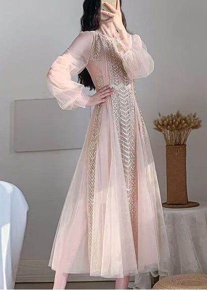 New Pink Mesh Tulle Nail Bead Bubble Sleeve Dress