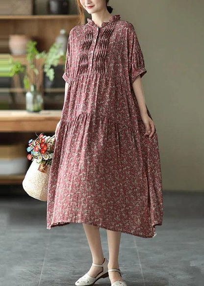 Green Cotton Linen Pleated Breasted Short Sleeve Dress